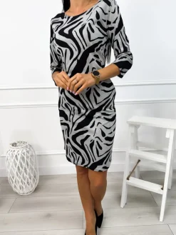 Szara Wzorzysta Sukienka z Kieszeniami 12943-361-B|Modna Kiecka Outlet