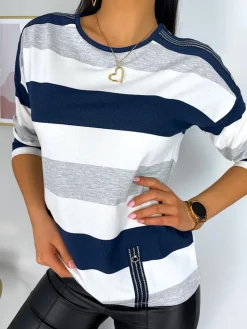 Szaro-Granatowo-Biała Bluzka 11418-228-I|Modna Kiecka Outlet