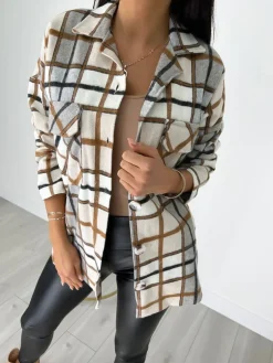 Szaro-Kremowa Koszula w Kratę 8846-218-C|Modna Kiecka Fashion