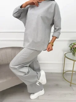Szary Komplet Bluzka + Spodnie z Szeroką Nogawką 13558-98-E|Modna Kiecka Discount