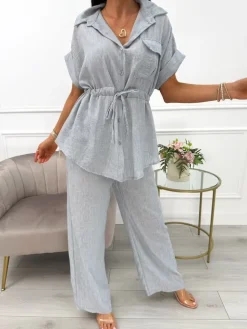 Szary Komplet Koszula z Krótkim Rękawem + Szerokie Spodnie 14100-507-C|Modna Kiecka Fashion
