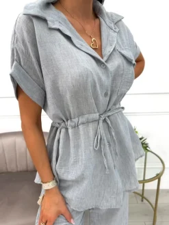 Szary Komplet Koszula z Krótkim Rękawem + Szerokie Spodnie 14100-507-C|Modna Kiecka Fashion