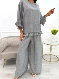 Szary Komplet Oversize Bluzka z Ozdobą + Spodnie 13904-423-C|Modna Kiecka Online