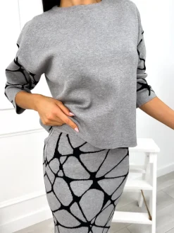 Szary Wzorzysty Komplet - Sweterek + Spódnica 12957-289-D|Modna Kiecka Outlet