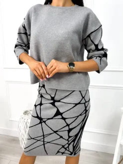 Szary Wzorzysty Komplet - Sweterek + Spódnica 12957-289-D|Modna Kiecka Outlet