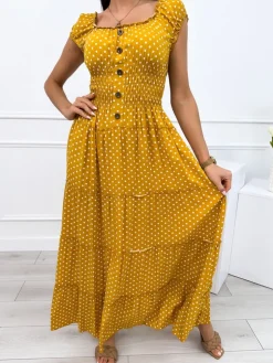Żółta Sukienka w Groszki 12361-339-G|Modna Kiecka Best