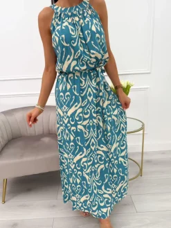 Turkusowa Sukienka Maxi w Beżowy Wzór z Paskiem 14019-233-E|Modna Kiecka Discount
