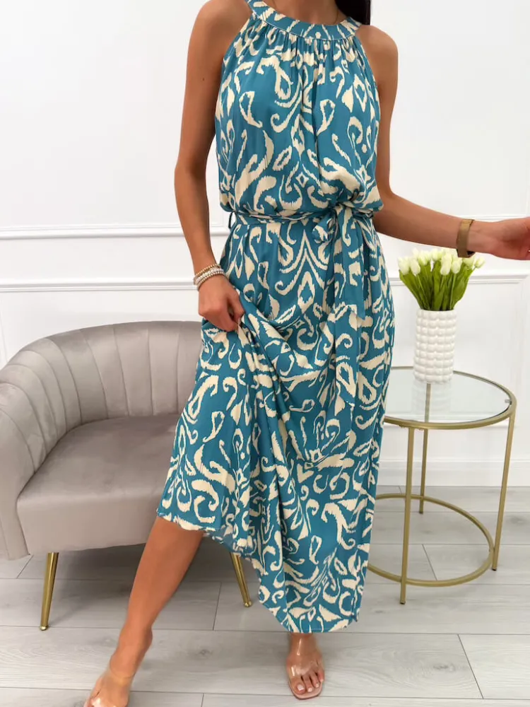 Turkusowa Sukienka Maxi w Beżowy Wzór z Paskiem 14019-233-E|Modna Kiecka Discount