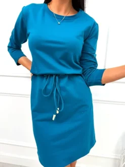 Turkusowa Sukienka z Kieszeniami 11388-259-N|Modna Kiecka Discount