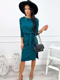 Turkusowa Sukienka z Rozcięciem i z Paskiem 12657-10-E|Modna Kiecka Hot