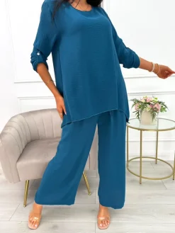 Turkusowy Komplet Bluzka + Spodnie z Szeroką Nogawką 14071-08-F|Modna Kiecka Fashion