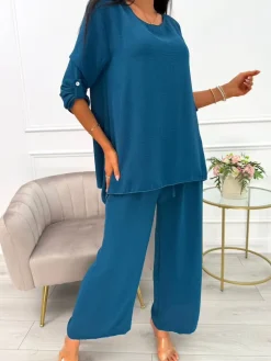 Turkusowy Komplet Bluzka + Spodnie z Szeroką Nogawką 14071-08-F|Modna Kiecka Fashion