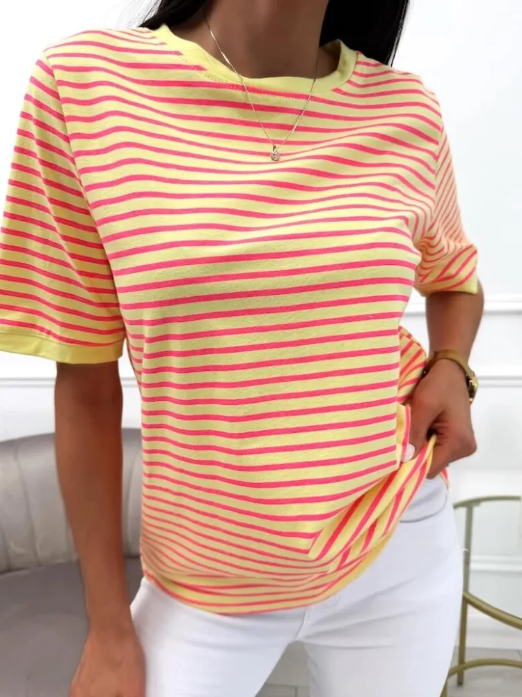 Żółty T-shirt w Paski 13764-152-C|Modna Kiecka Sale