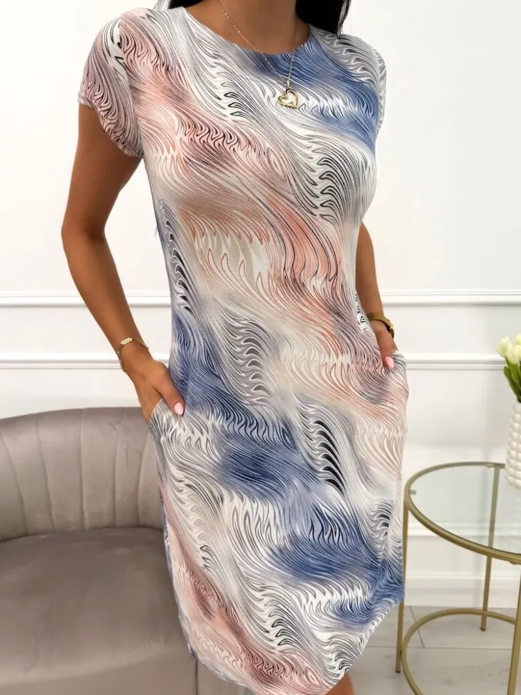 Wzorzysta Sukienka z Kieszeniami 13885-49-Q|Modna Kiecka Discount