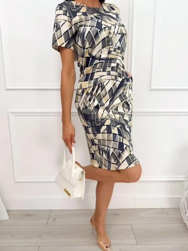 Wzorzysta Sukienka z Kieszeniami 13500-61-Q|Modna Kiecka Discount