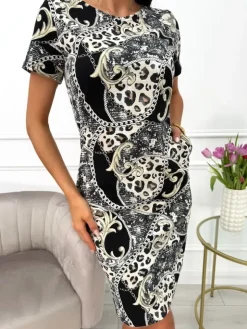 Wzorzysta Sukienka z Kieszeniami 13644-106-Q|Modna Kiecka Discount