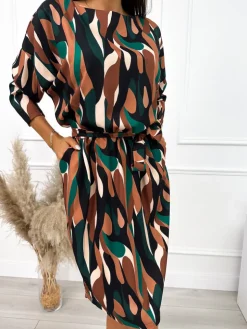 Wzorzysta Sukienka z Paskiem  10675-330-Q|Modna Kiecka New