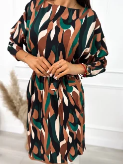 Wzorzysta Sukienka z Paskiem  10675-330-Q|Modna Kiecka New