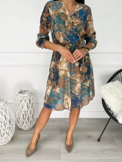 Wzorzysta Sukienka z Wiązaniem 11999-163-Q|Modna Kiecka Outlet