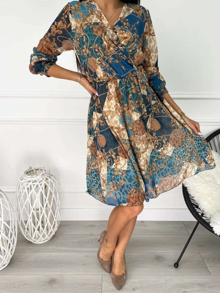 Wzorzysta Sukienka z Wiązaniem 11999-163-Q|Modna Kiecka Outlet