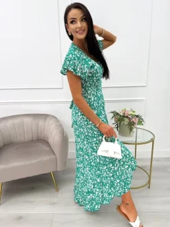 Zielona Asymetryczna Sukienka w Kwiatki  14040-22-C|Modna Kiecka Outlet