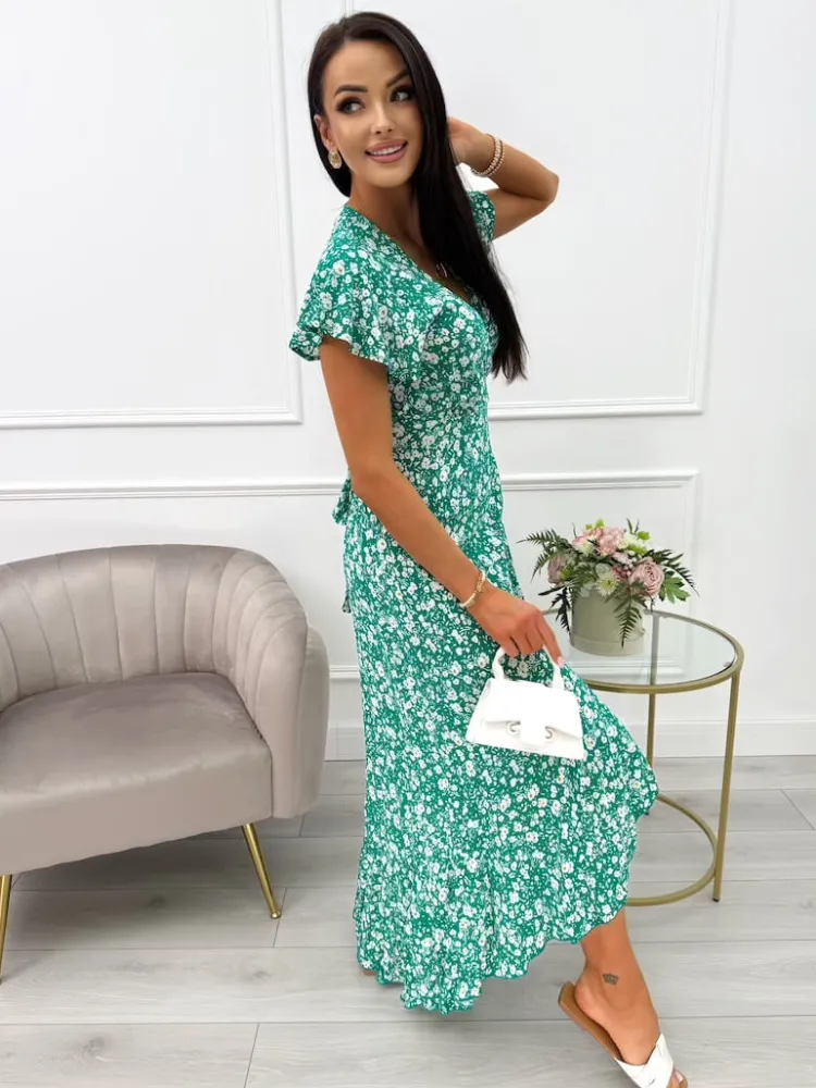 Zielona Asymetryczna Sukienka w Kwiatki 14040-22-C|Modna Kiecka Outlet