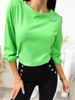 Zielona Bluzka z Broszką 11725-212-E|Modna Kiecka Clearance