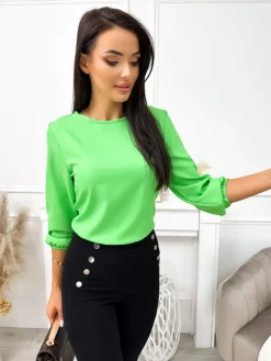 Zielona Bluzka z Broszką 11725-212-E|Modna Kiecka Clearance