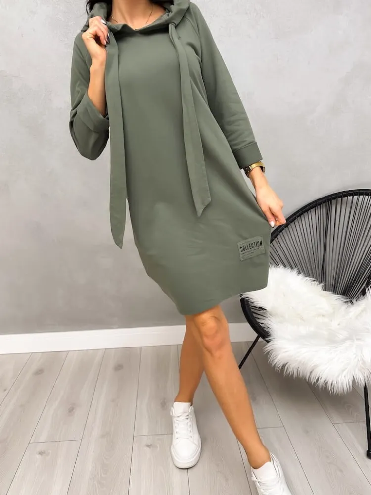 Zielona Dresowa Sukienka z Kapturem 12894-171-G|Modna Kiecka Outlet