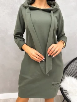 Zielona Dresowa Sukienka z Kapturem 12894-171-G|Modna Kiecka Outlet