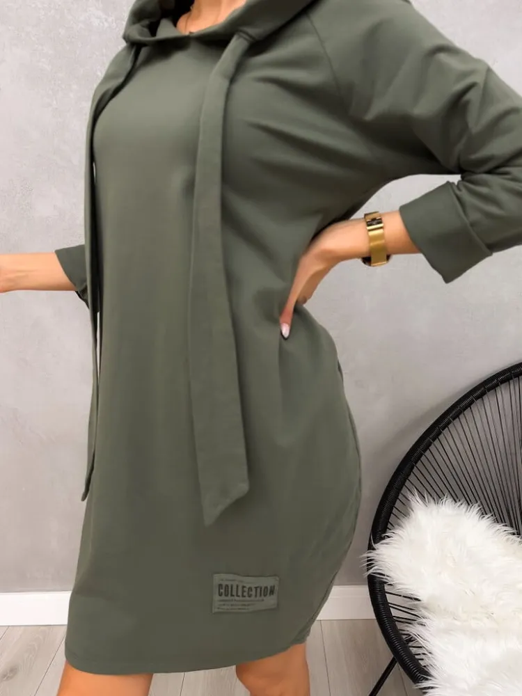 Zielona Dresowa Sukienka z Kapturem 12894-171-G|Modna Kiecka Outlet