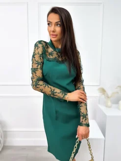 Zielona Klasyczna Sukienka z Koronką 11052-156-B|Modna Kiecka Sale