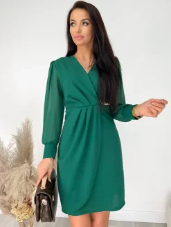 Zielona Kopertowa Sukienka z Łańcuszkiem 9225-08-C|Modna Kiecka New