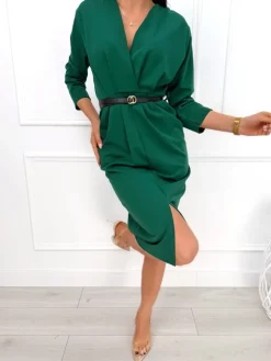 Zielona Kopertowa Sukienka z Paskiem 9685-10-D|Modna Kiecka Outlet