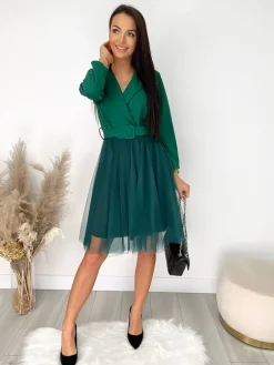 Zielona Kopertowa Sukienka z Tiulem 9257-238-C|Modna Kiecka Fashion