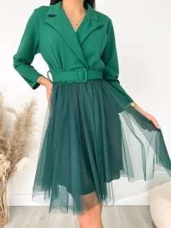 Zielona Kopertowa Sukienka z Tiulem 9257-238-C|Modna Kiecka Fashion