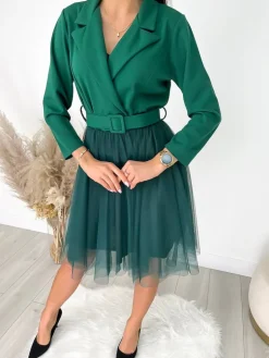 Zielona Kopertowa Sukienka z Tiulem 9257-238-C|Modna Kiecka Fashion
