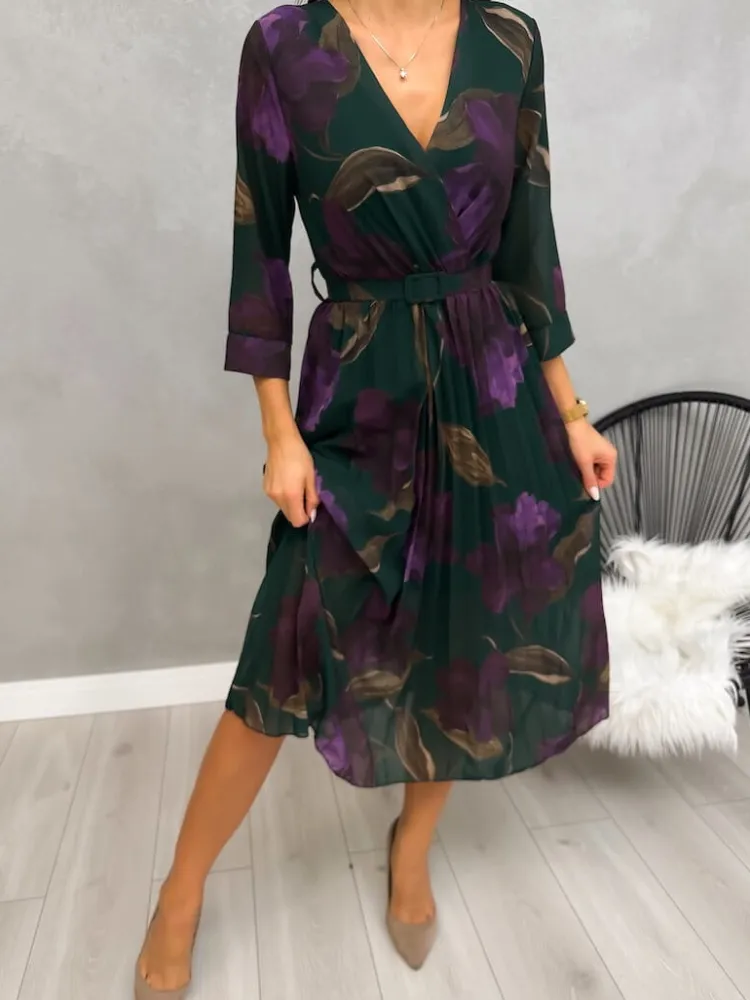Zielona Plisowana Sukienka w Kwiaty z Paskiem 13191-423-B|Modna Kiecka Clearance