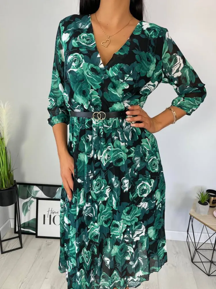 Zielona Plisowana Sukienka w Kwiaty 12440-330-Q|Modna Kiecka New