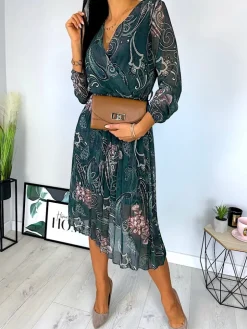 Zielona Plisowana Sukienka ze Wzorem 11847-182-Q|Modna Kiecka Discount