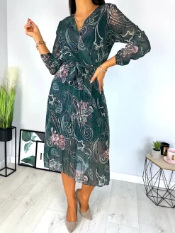 Zielona Plisowana Sukienka ze Wzorem 11847-182-Q|Modna Kiecka Discount