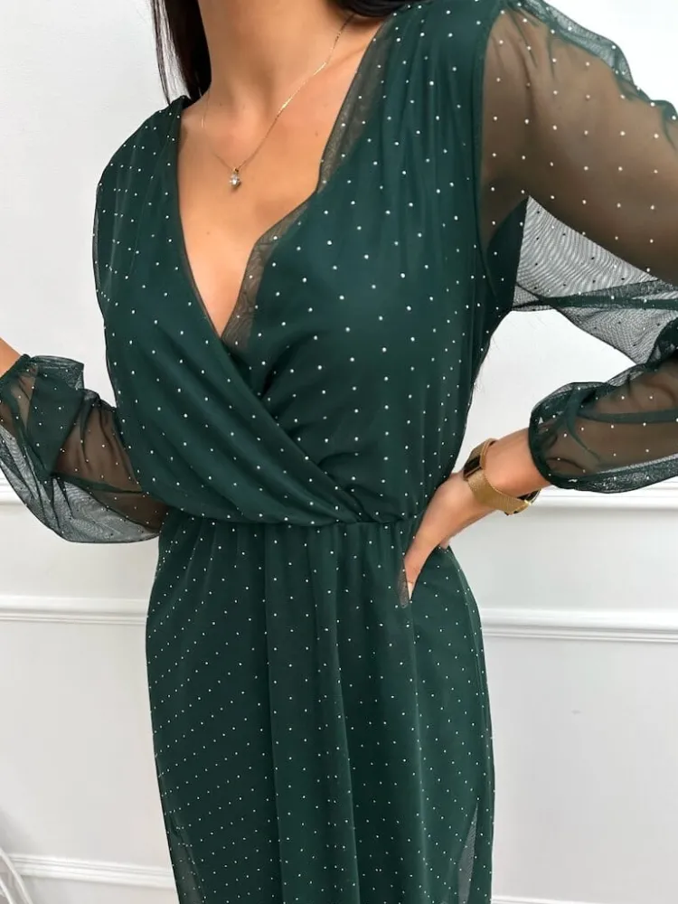Zielona Połyskująca Sukienka z Siateczką 13371-168-C|Modna Kiecka Fashion