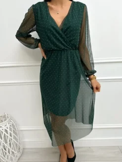 Zielona Połyskująca Sukienka z Siateczką 13371-168-C|Modna Kiecka Fashion