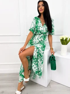 Zielona Sukienka Maxi w Biały Wzór 12357-325-D|Modna Kiecka Online