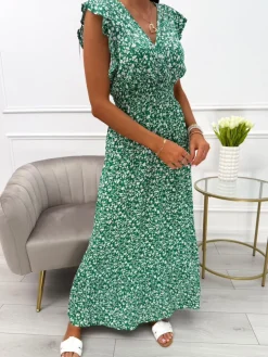 Zielona Sukienka Maxi w Drobne Kwiatki 13930-55-E|Modna Kiecka Sale
