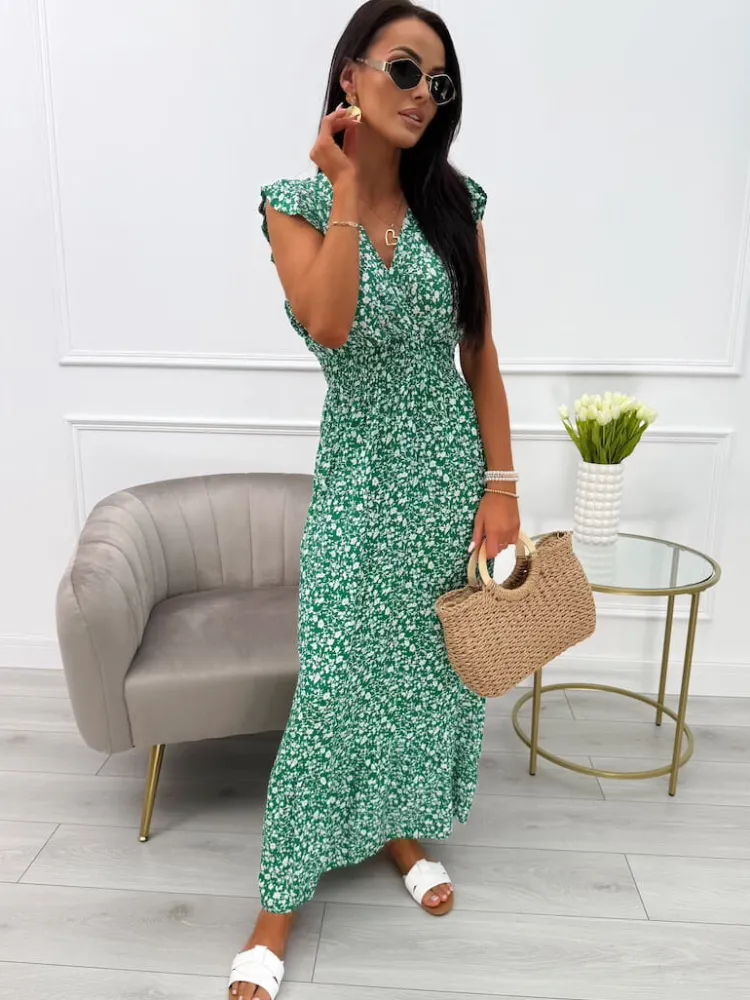 Zielona Sukienka Maxi w Drobne Kwiatki 13930-55-E|Modna Kiecka Sale