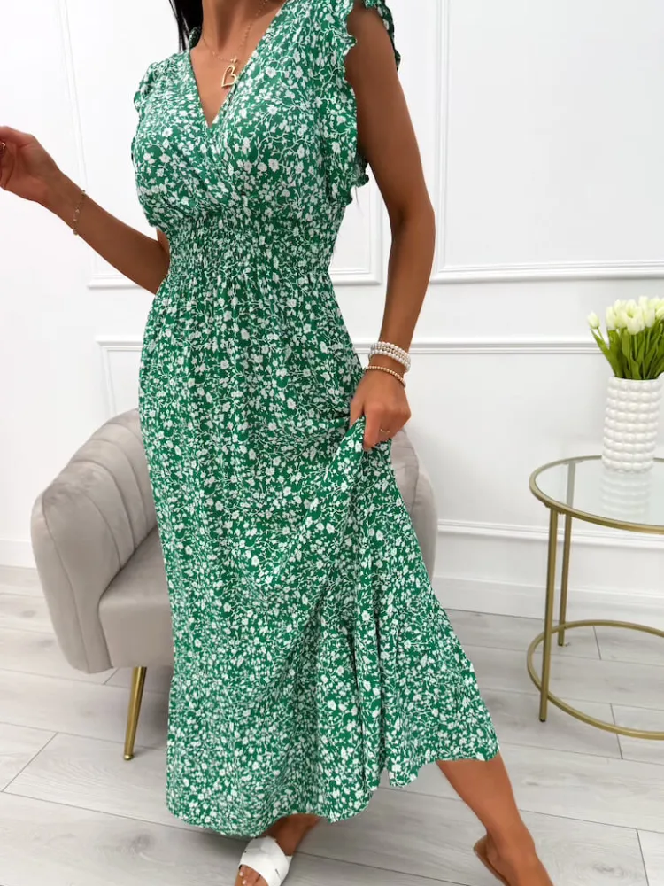 Zielona Sukienka Maxi w Drobne Kwiatki 13930-55-E|Modna Kiecka Sale