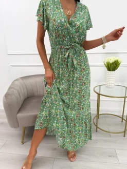 Zielona Sukienka Maxi w Kwiaty 13924-532-E|Modna Kiecka Clearance