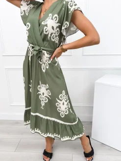 Zielona Sukienka Midi w Beżowy Wzór 12464-356-D|Modna Kiecka Discount