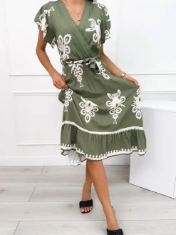 Zielona Sukienka Midi w Beżowy Wzór 12464-356-D|Modna Kiecka Discount